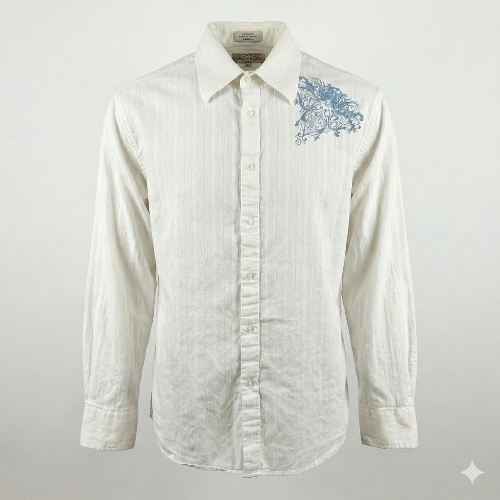 Eighty Eight Mens Shirt‎ L Large White Blue Graphic Button Up Y2K Baroque Print
